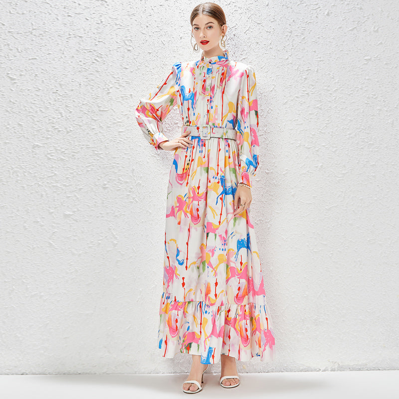 CM-DY030049 Women Elegant European Style Stand Collar Floral Printing Long Dress - Pink