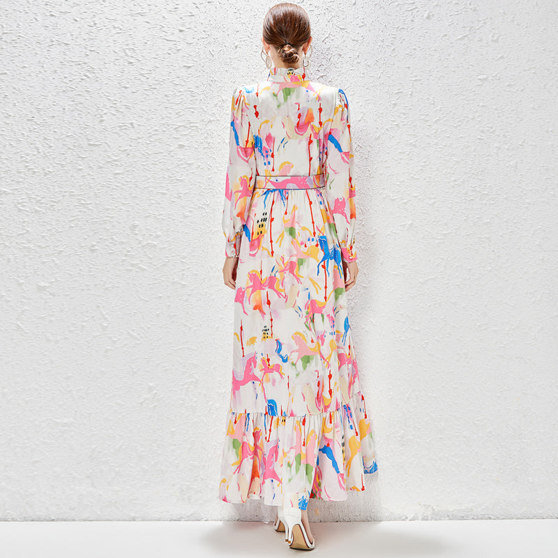 CM-DY030049 Women Elegant European Style Stand Collar Floral Printing Long Dress - Pink