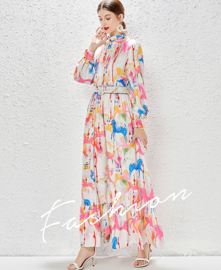 CM-DY030049 Women Elegant European Style Stand Collar Floral Printing Long Dress - Pink