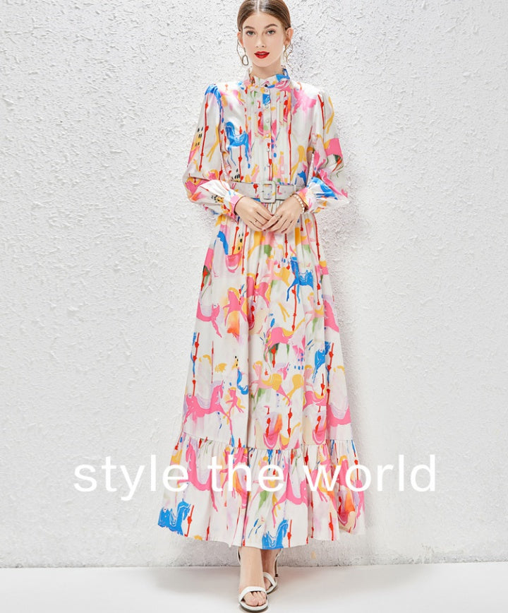 CM-DY030049 Women Elegant European Style Stand Collar Floral Printing Long Dress - Pink