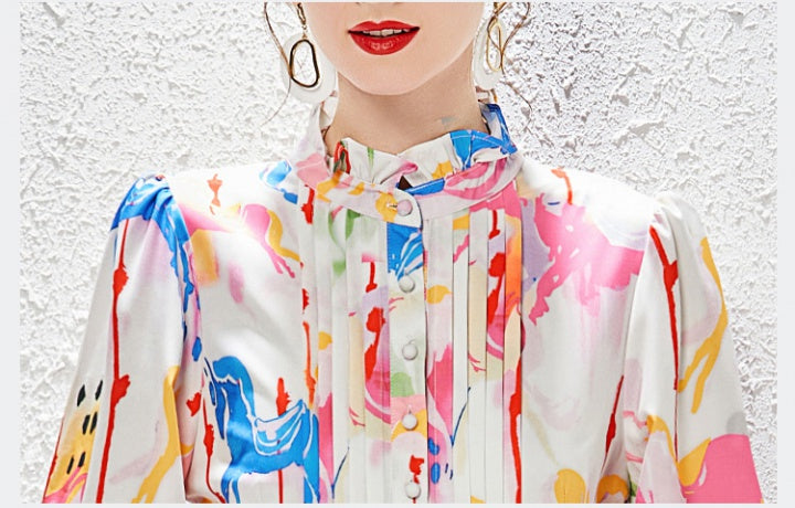CM-DY030049 Women Elegant European Style Stand Collar Floral Printing Long Dress - Pink