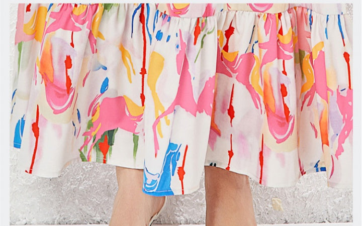 CM-DY030049 Women Elegant European Style Stand Collar Floral Printing Long Dress - Pink
