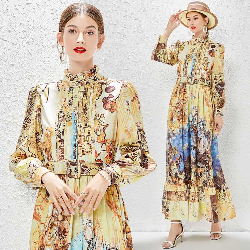 CM-DY030051 Women Elegant European Style Stand Collar Long Sleeve Maxi Dress - Yellow