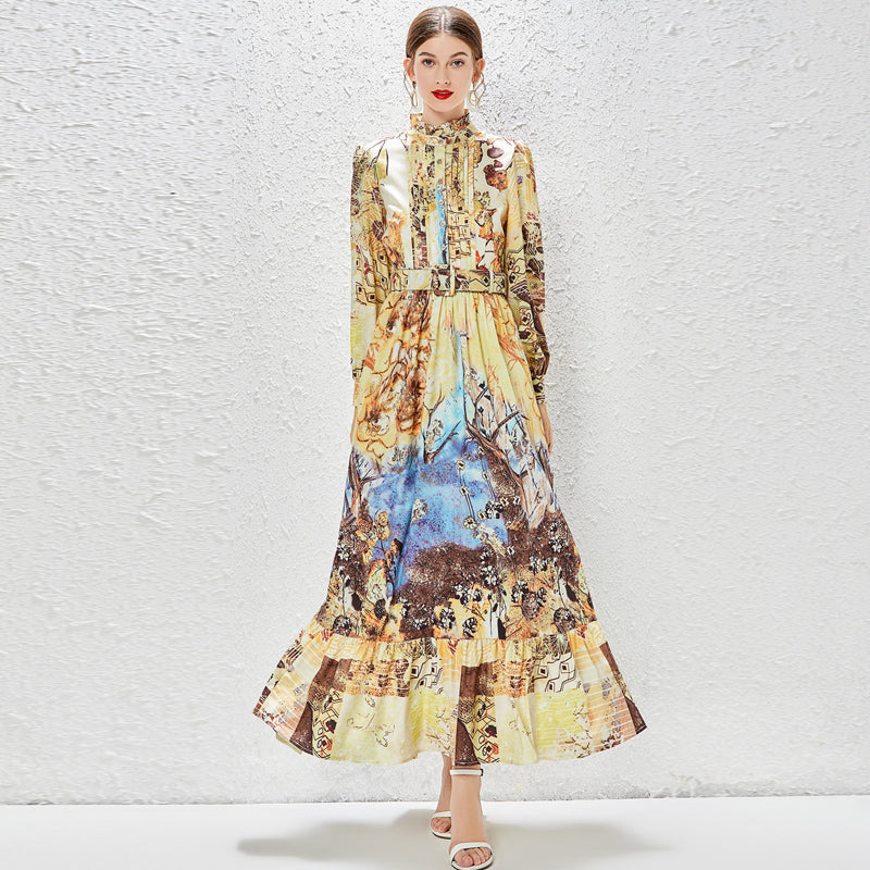 CM-DY030051 Women Elegant European Style Stand Collar Long Sleeve Maxi Dress - Yellow