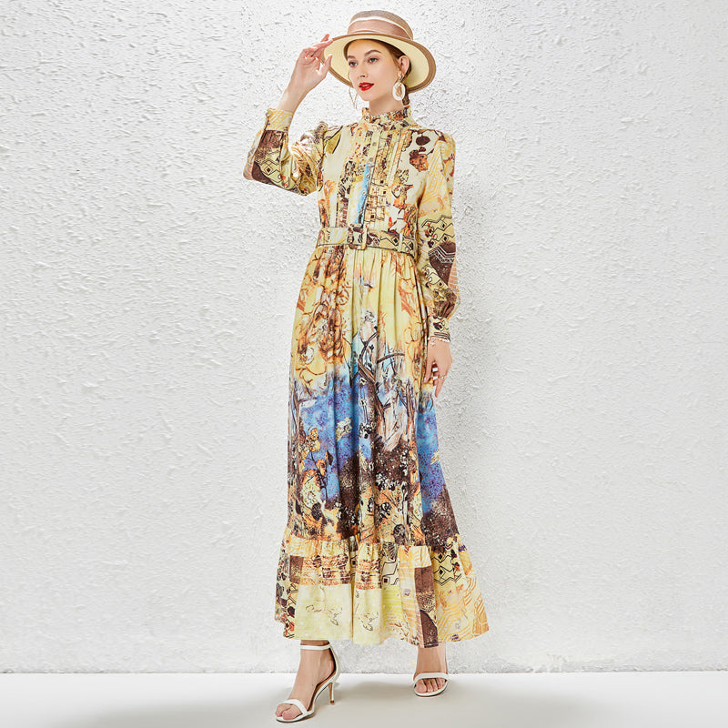 CM-DY030051 Women Elegant European Style Stand Collar Long Sleeve Maxi Dress - Yellow