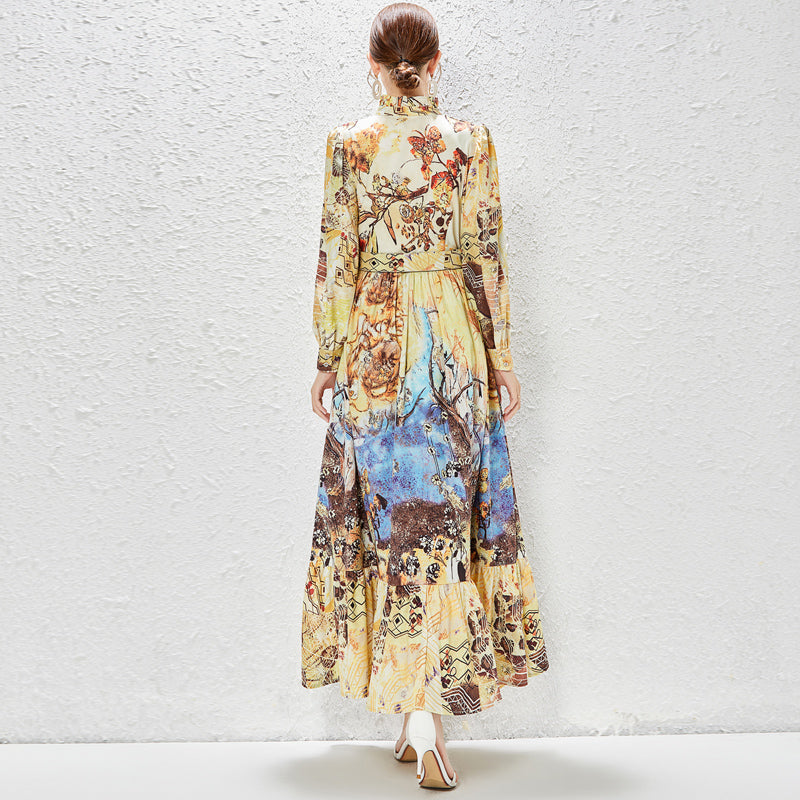 CM-DY030051 Women Elegant European Style Stand Collar Long Sleeve Maxi Dress - Yellow