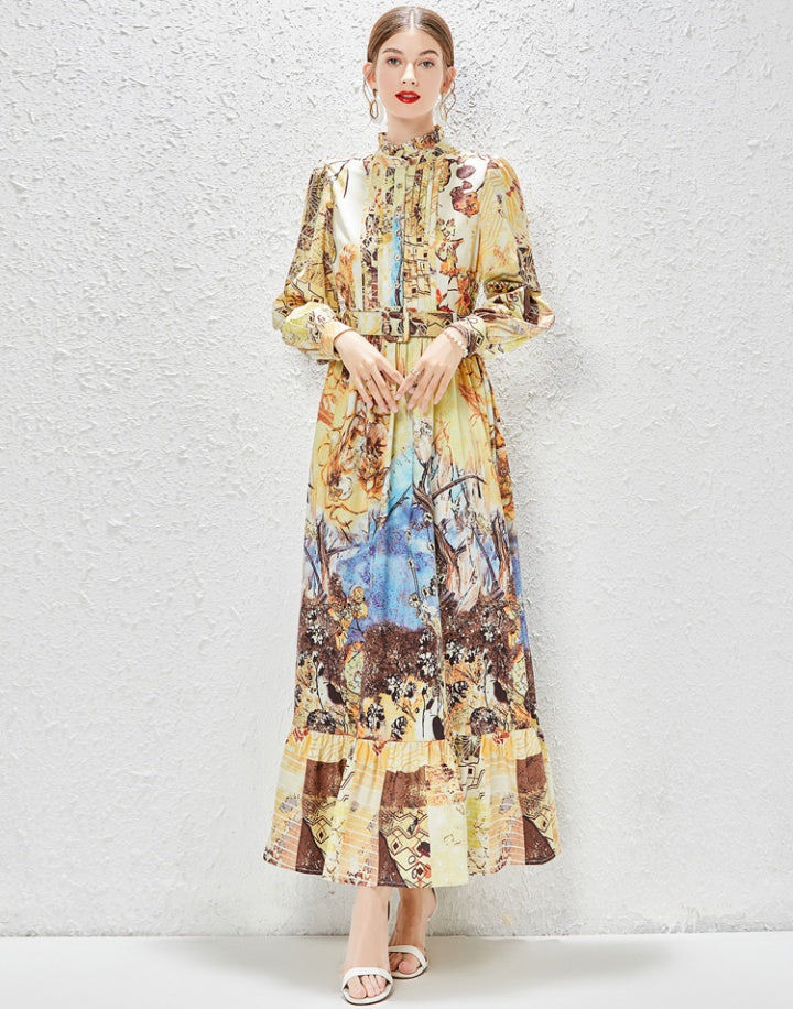 CM-DY030051 Women Elegant European Style Stand Collar Long Sleeve Maxi Dress - Yellow