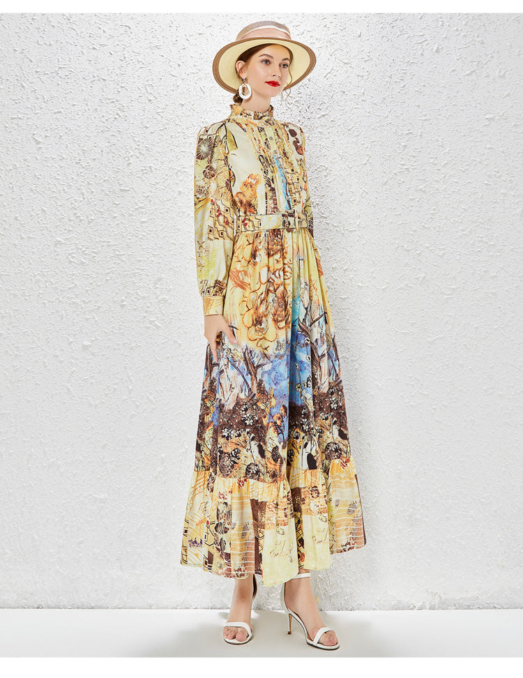 CM-DY030051 Women Elegant European Style Stand Collar Long Sleeve Maxi Dress - Yellow