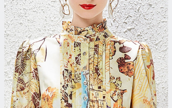 CM-DY030051 Women Elegant European Style Stand Collar Long Sleeve Maxi Dress - Yellow