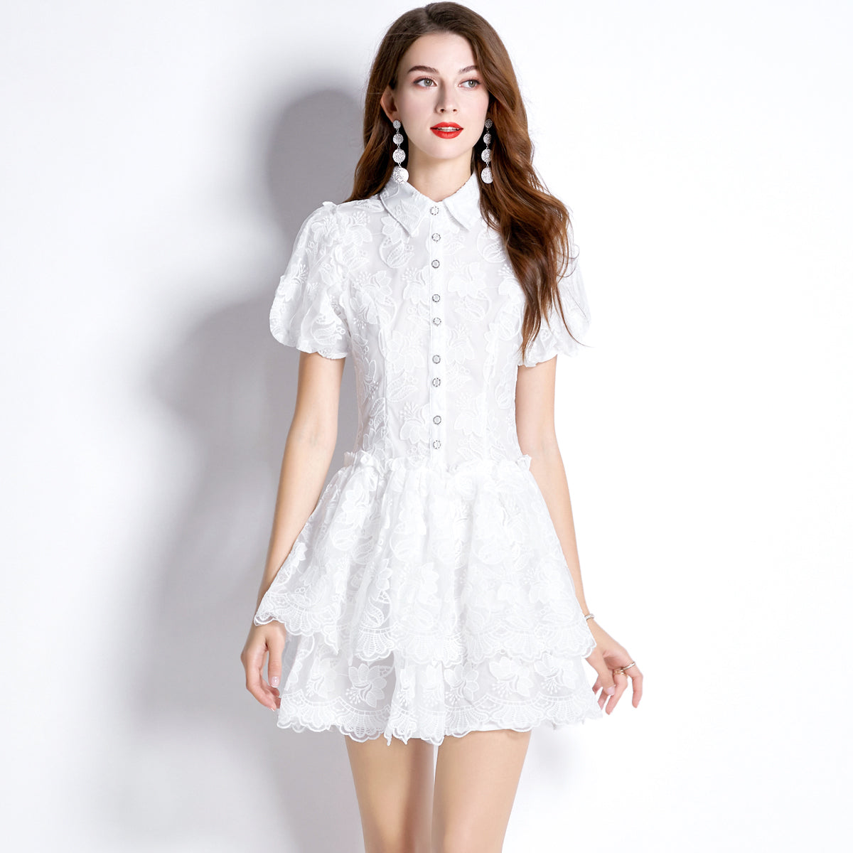 CM-DY030288 Women Elegant European Style Embroidery Collar Neckline Puff Sleeve Mini Dress