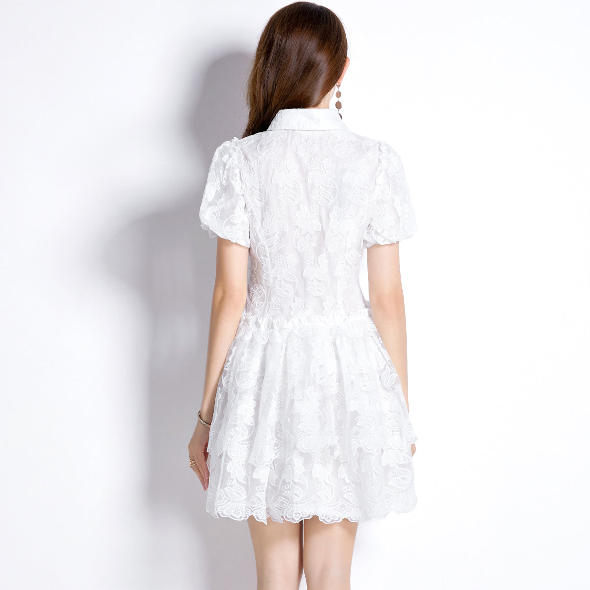 CM-DY030288 Women Elegant European Style Embroidery Collar Neckline Puff Sleeve Mini Dress