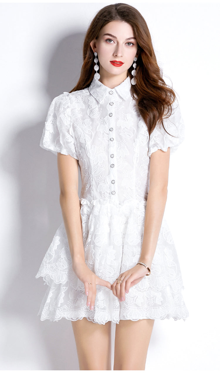 CM-DY030288 Women Elegant European Style Embroidery Collar Neckline Puff Sleeve Mini Dress