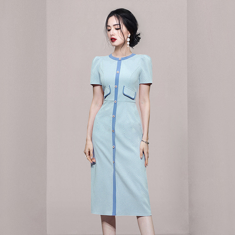 CM-DY032021 Women Elegant European Style Round Neck Puff Sleeve Slim Pinched Waist Dress - Blue