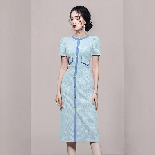 CM-DY032021 Women Elegant European Style Round Neck Puff Sleeve Slim Pinched Waist Dress - Blue