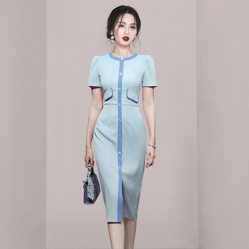 CM-DY032021 Women Elegant European Style Round Neck Puff Sleeve Slim Pinched Waist Dress - Blue