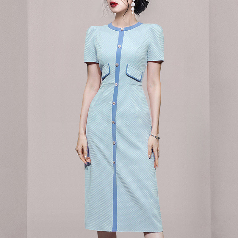 CM-DY032021 Women Elegant European Style Round Neck Puff Sleeve Slim Pinched Waist Dress - Blue