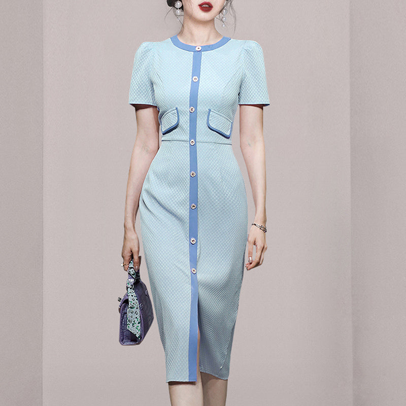 CM-DY032021 Women Elegant European Style Round Neck Puff Sleeve Slim Pinched Waist Dress - Blue