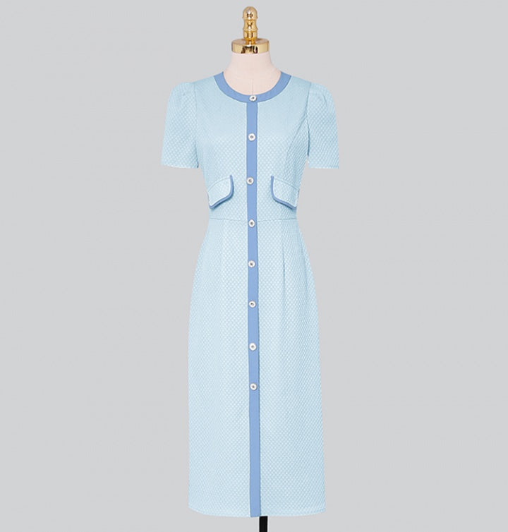 CM-DY032021 Women Elegant European Style Round Neck Puff Sleeve Slim Pinched Waist Dress - Blue