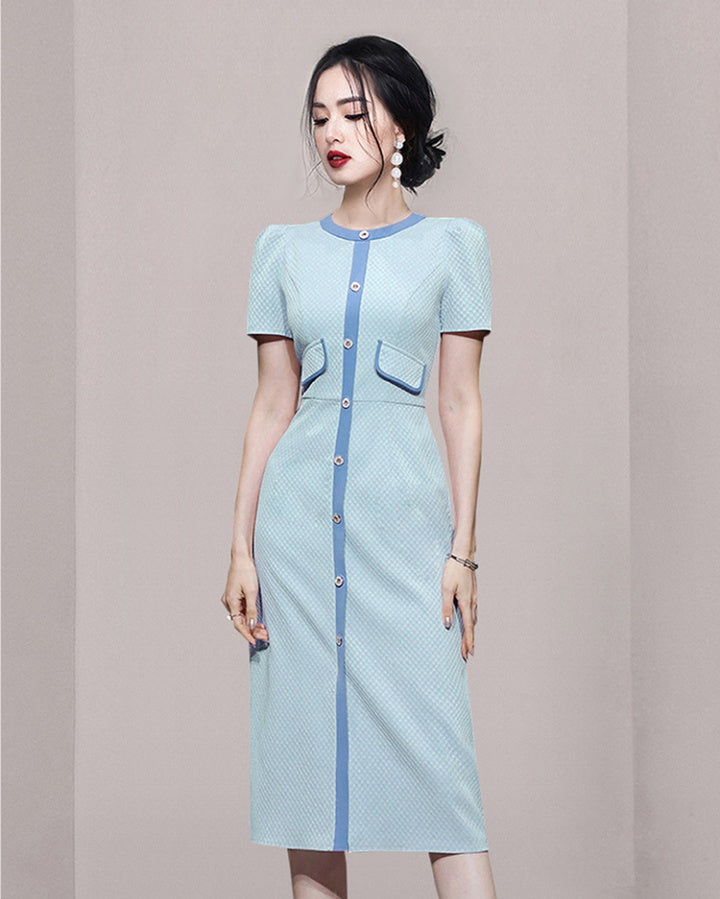 CM-DY032021 Women Elegant European Style Round Neck Puff Sleeve Slim Pinched Waist Dress - Blue
