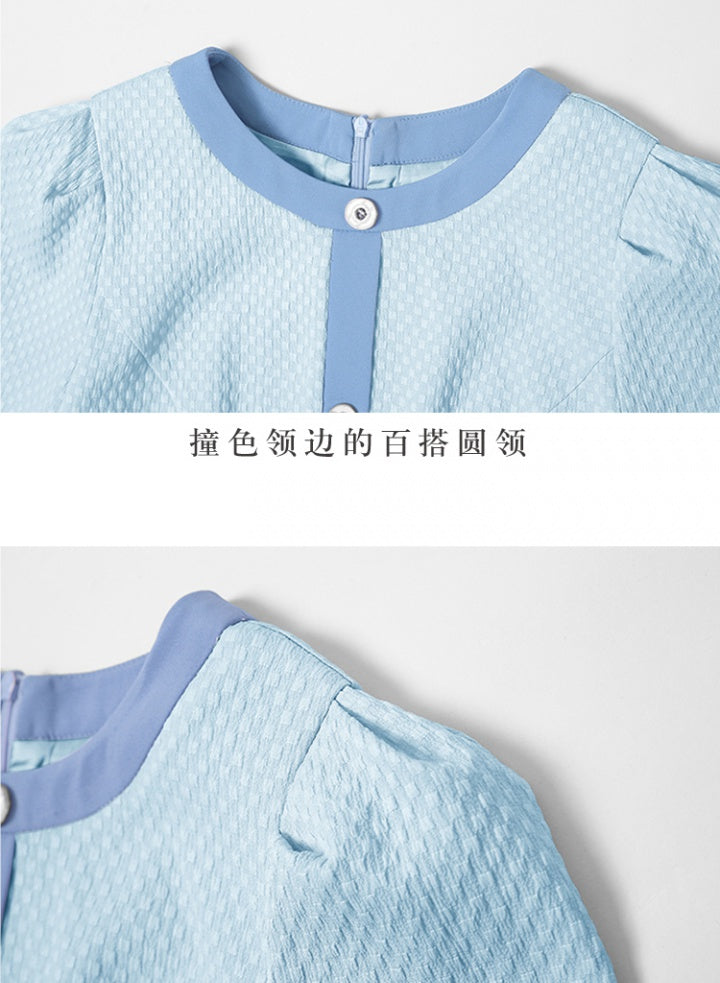 CM-DY032021 Women Elegant European Style Round Neck Puff Sleeve Slim Pinched Waist Dress - Blue