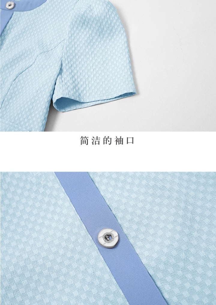 CM-DY032021 Women Elegant European Style Round Neck Puff Sleeve Slim Pinched Waist Dress - Blue