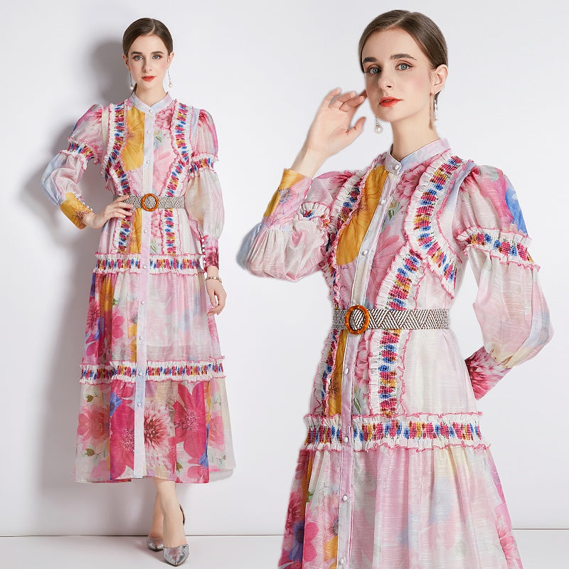 CM-DY033185 Women Elegant European Style Stand Collar Lantern Sleeve Long Dress