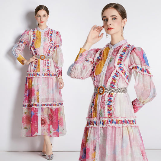 CM-DY033185 Women Elegant European Style Stand Collar Lantern Sleeve Long Dress