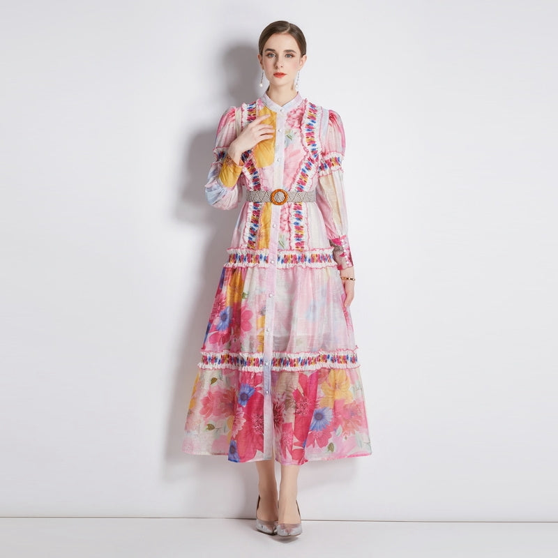 CM-DY033185 Women Elegant European Style Stand Collar Lantern Sleeve Long Dress