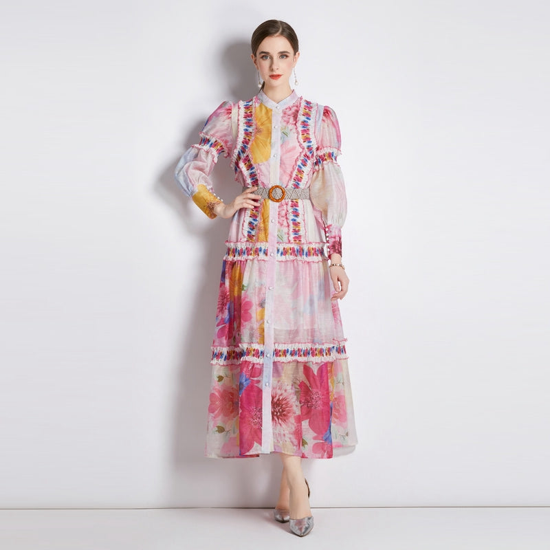 CM-DY033185 Women Elegant European Style Stand Collar Lantern Sleeve Long Dress