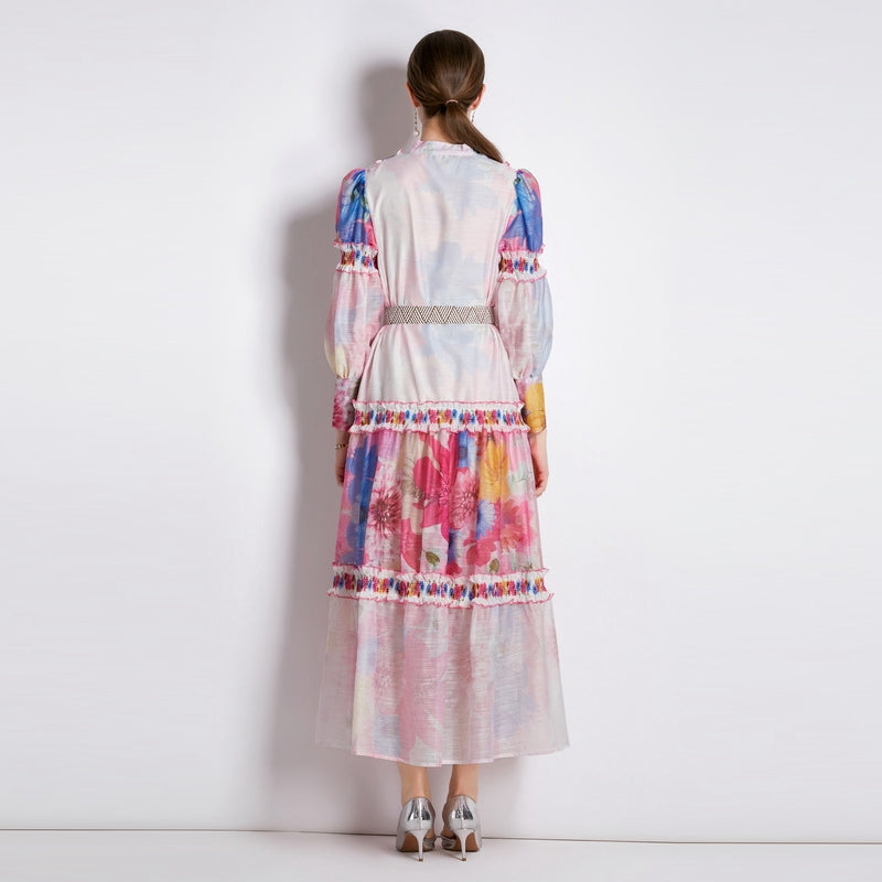 CM-DY033185 Women Elegant European Style Stand Collar Lantern Sleeve Long Dress