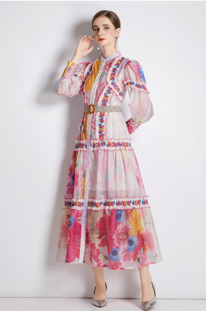 CM-DY033185 Women Elegant European Style Stand Collar Lantern Sleeve Long Dress