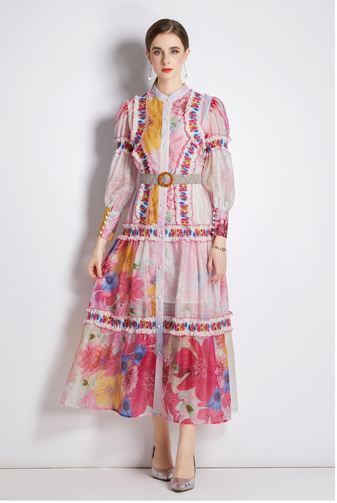 CM-DY033185 Women Elegant European Style Stand Collar Lantern Sleeve Long Dress