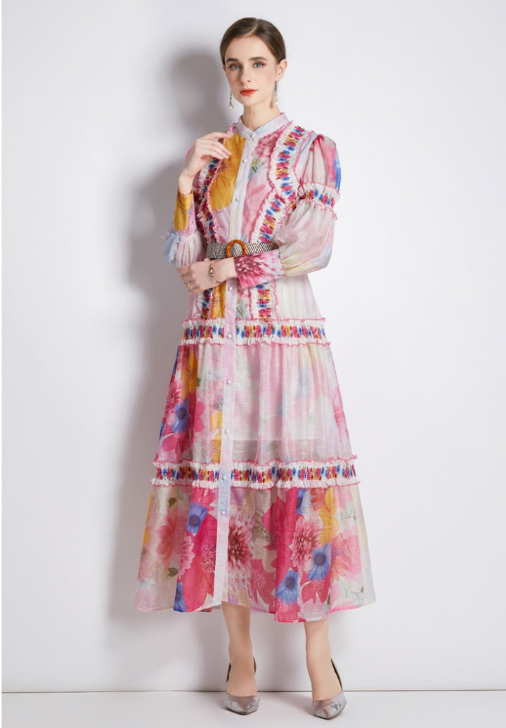 CM-DY033185 Women Elegant European Style Stand Collar Lantern Sleeve Long Dress