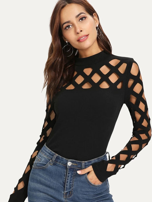 CM-TS502713 Women Casual Seoul Style Mock Neck Cage Yoke Sleeve Top - Black