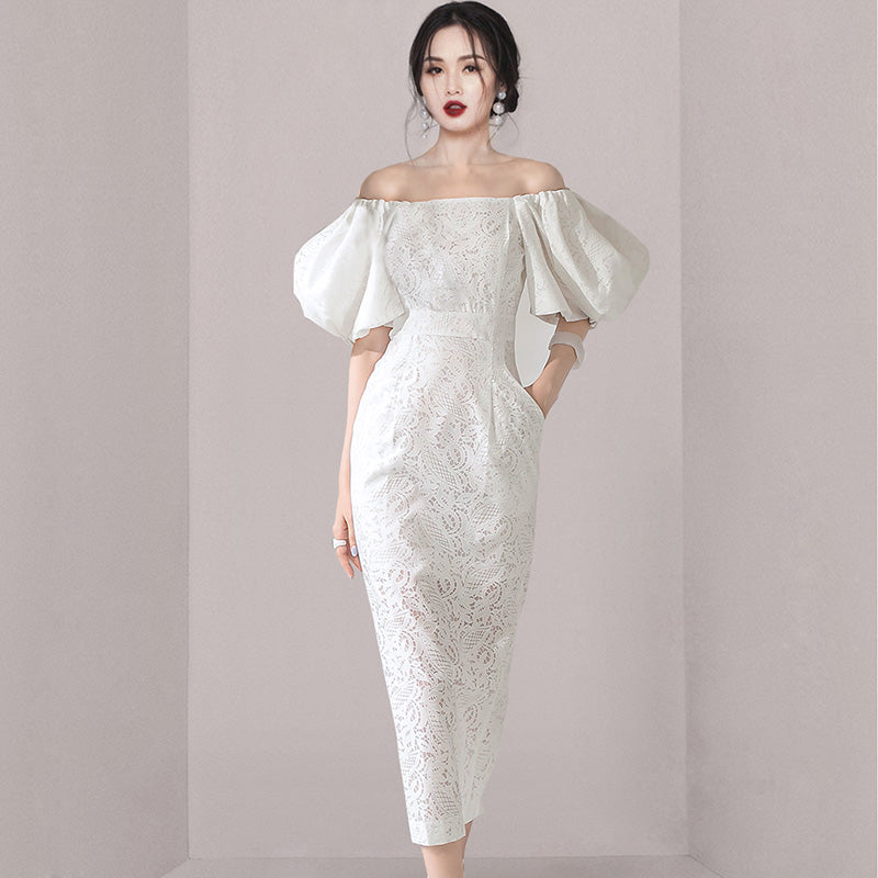 CM-DY033605 Women Elegant European Style Lace Off Shoulder Lantern Sleeve Pinched Waist Long Dress - White