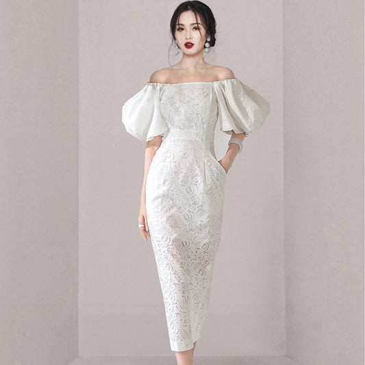 CM-DY033605 Women Elegant European Style Lace Off Shoulder Lantern Sleeve Pinched Waist Long Dress - White