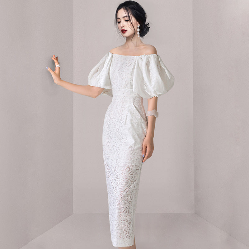 CM-DY033605 Women Elegant European Style Lace Off Shoulder Lantern Sleeve Pinched Waist Long Dress - White