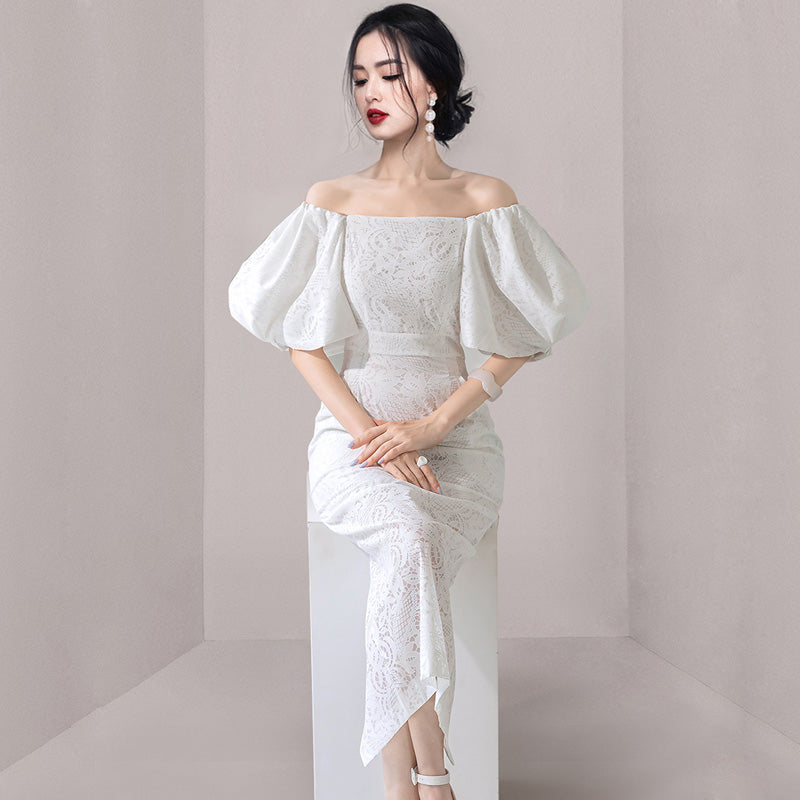 CM-DY033605 Women Elegant European Style Lace Off Shoulder Lantern Sleeve Pinched Waist Long Dress - White