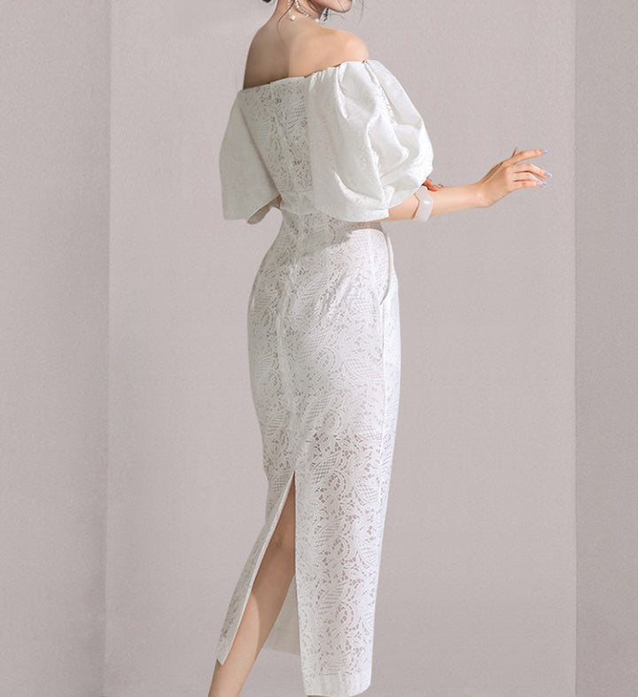 CM-DY033605 Women Elegant European Style Lace Off Shoulder Lantern Sleeve Pinched Waist Long Dress - White