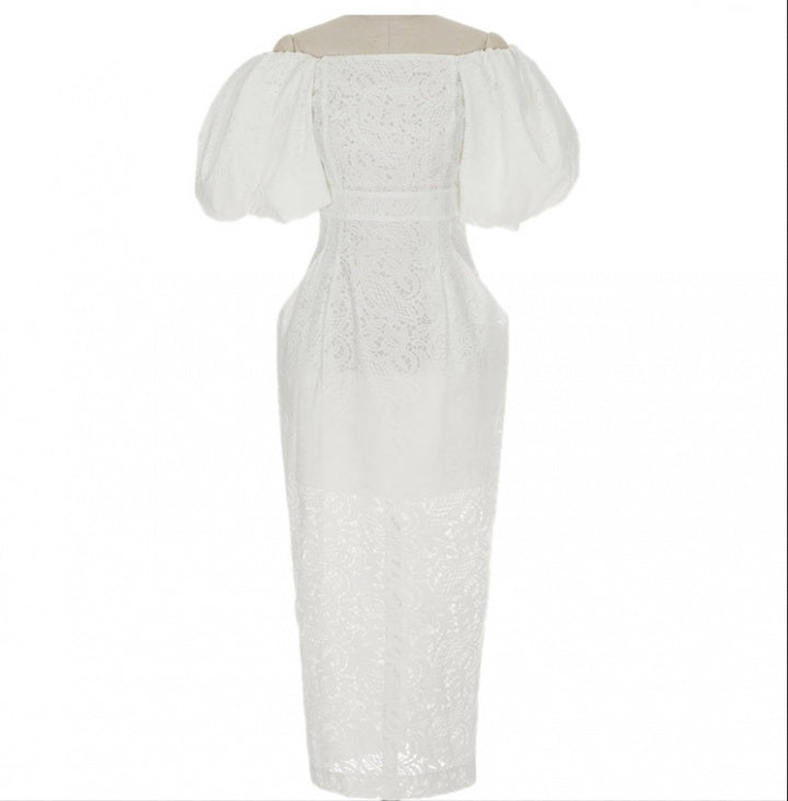 CM-DY033605 Women Elegant European Style Lace Off Shoulder Lantern Sleeve Pinched Waist Long Dress - White