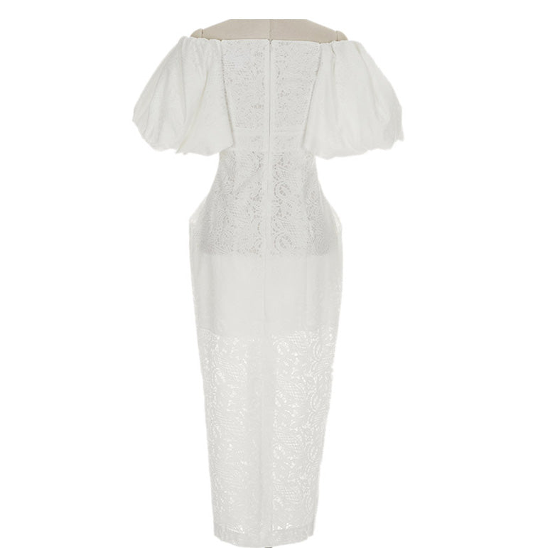 CM-DY033605 Women Elegant European Style Lace Off Shoulder Lantern Sleeve Pinched Waist Long Dress - White