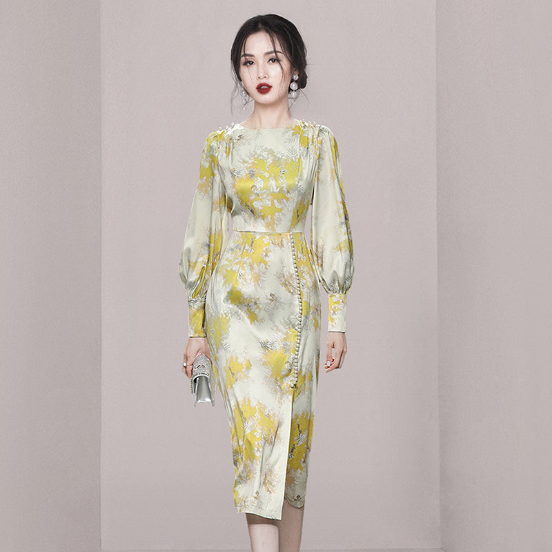 CM-DY034277 Women Elegant European Style Round Neck Puff Sleeve Beads Decor Mid-Length Dress