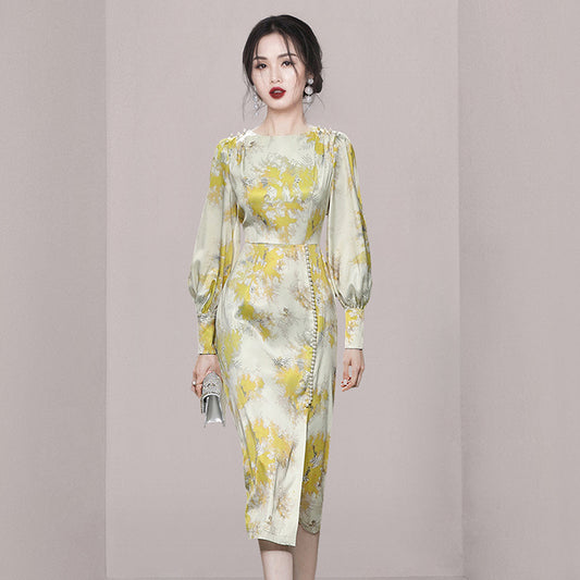 CM-DY034277 Women Elegant European Style Round Neck Puff Sleeve Beads Decor Mid-Length Dress