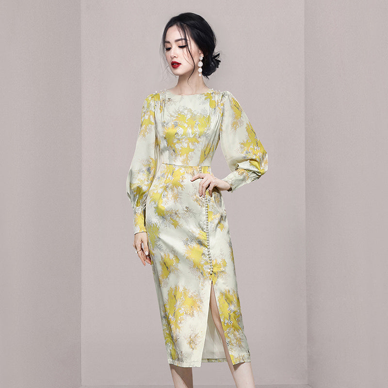 CM-DY034277 Women Elegant European Style Round Neck Puff Sleeve Beads Decor Mid-Length Dress