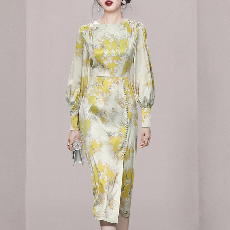 CM-DY034277 Women Elegant European Style Round Neck Puff Sleeve Beads Decor Mid-Length Dress