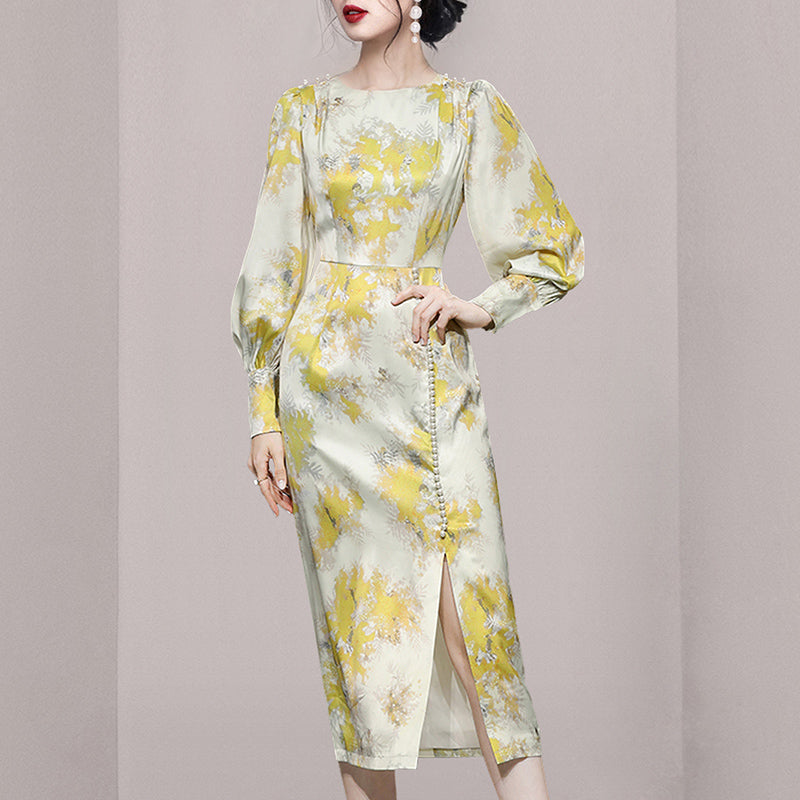 CM-DY034277 Women Elegant European Style Round Neck Puff Sleeve Beads Decor Mid-Length Dress