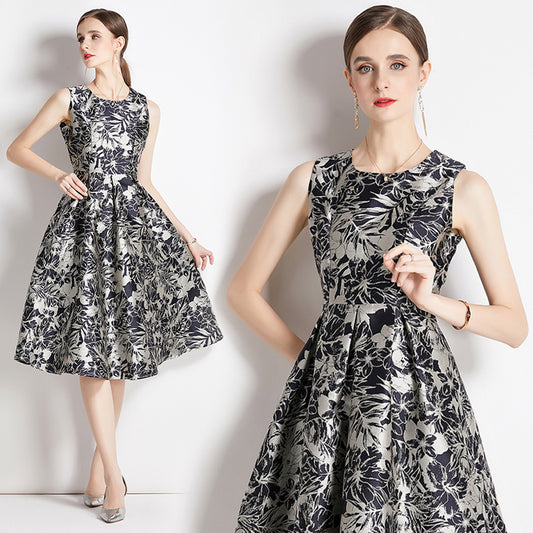 CM-DY035308 Women Elegant European Style Sleeveless Vest Pinched Waist Jacquard Dress