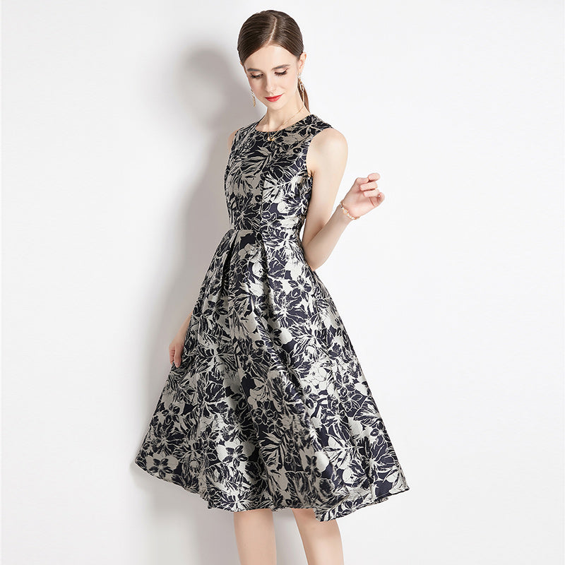 CM-DY035308 Women Elegant European Style Sleeveless Vest Pinched Waist Jacquard Dress