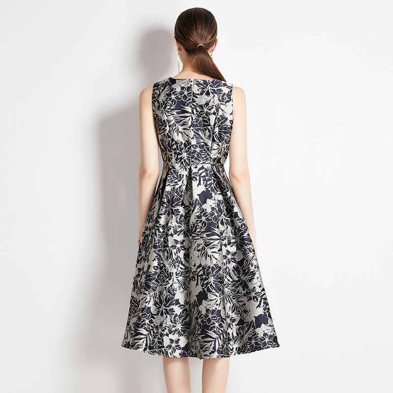 CM-DY035308 Women Elegant European Style Sleeveless Vest Pinched Waist Jacquard Dress