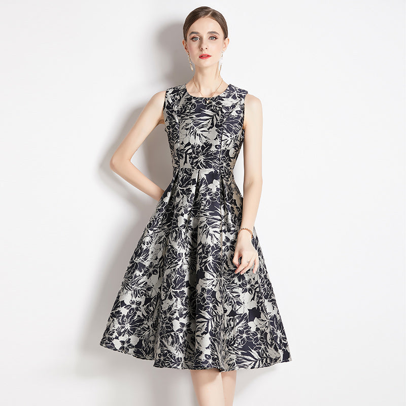 CM-DY035308 Women Elegant European Style Sleeveless Vest Pinched Waist Jacquard Dress